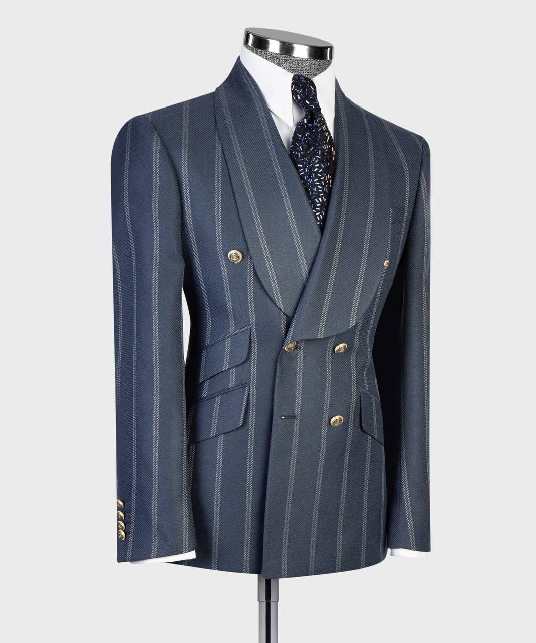 Navy pinstripe double-breasted suit with gold buttons from The Third Gentleman, mannequin view