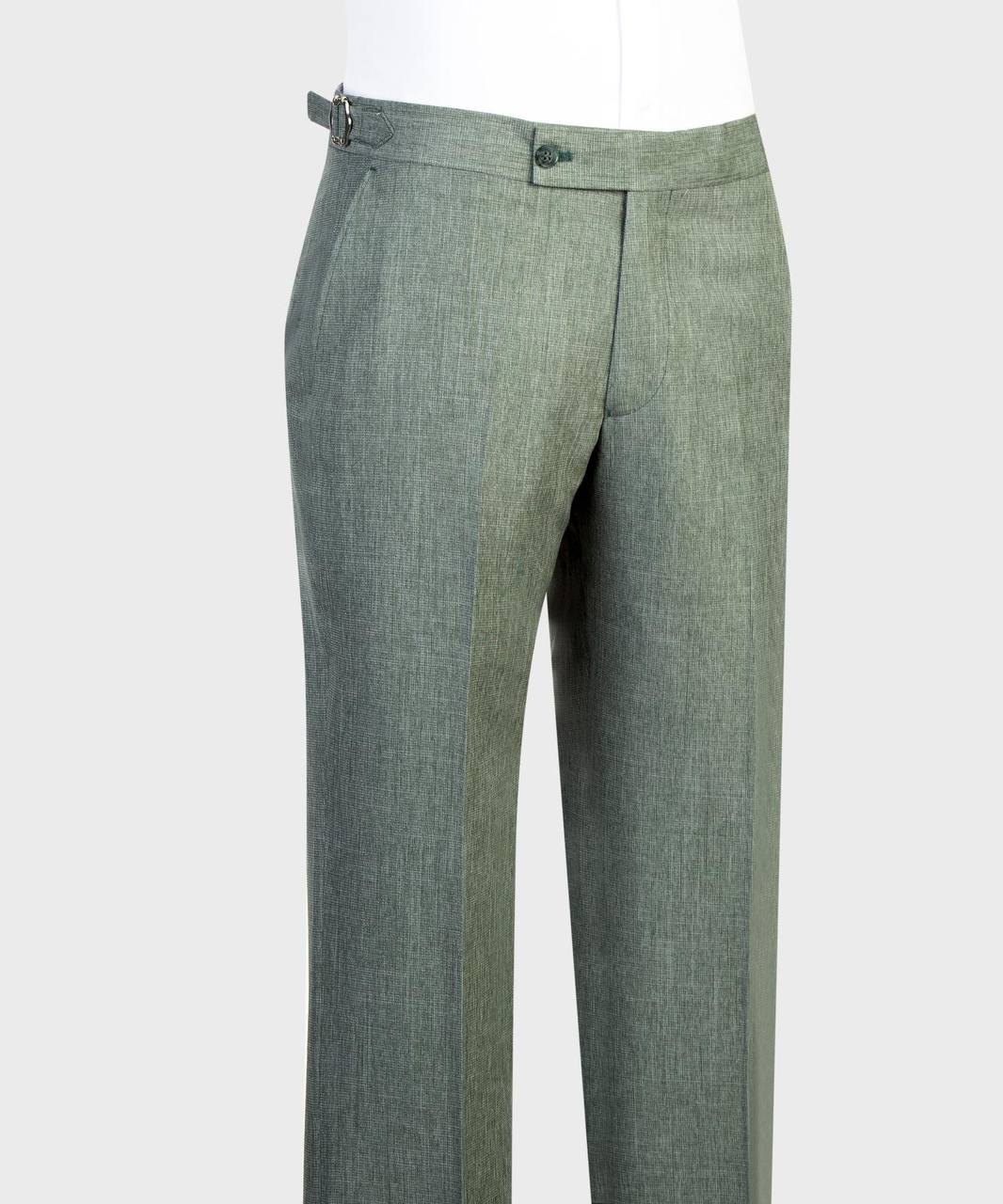 Light gray flared-leg trouser waist and side-adjuster detail
