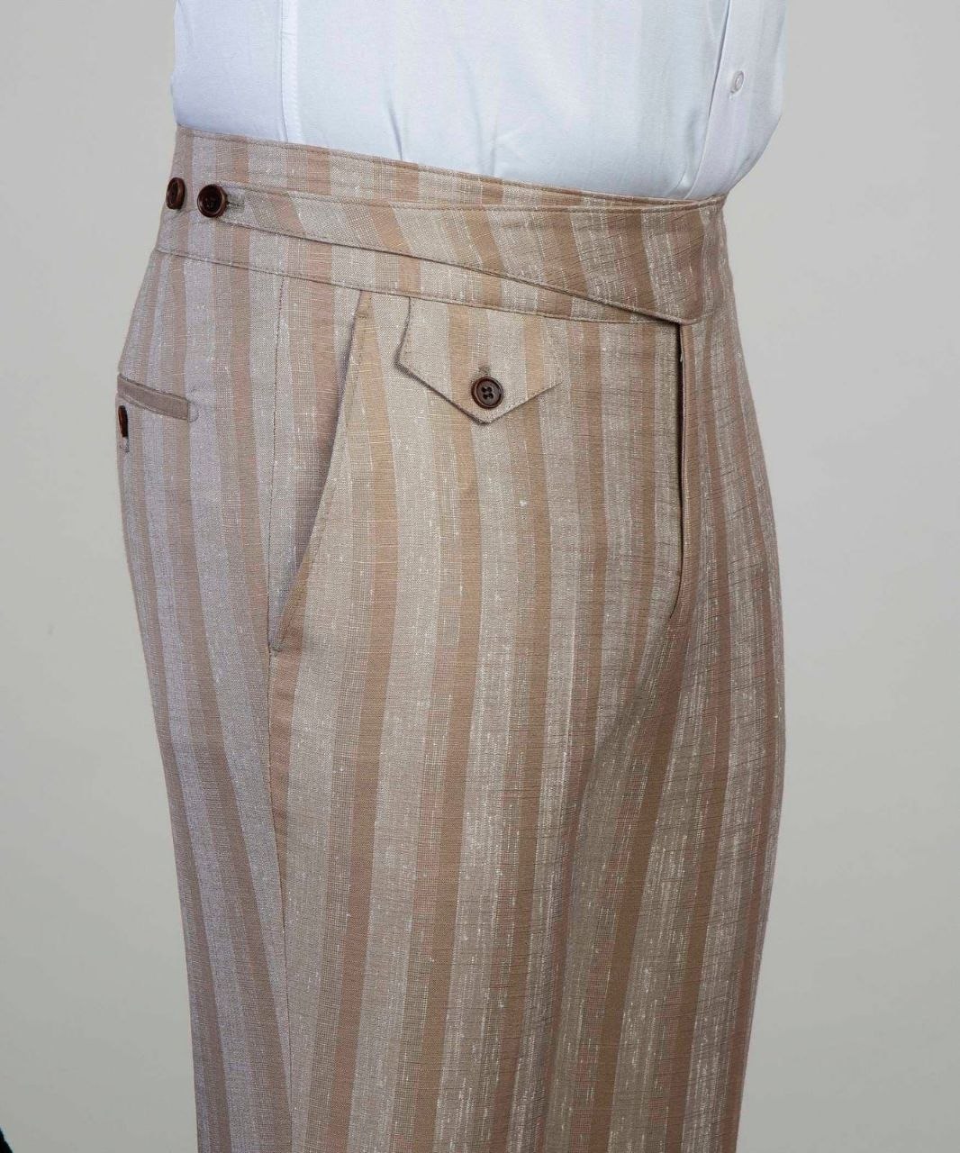 Champagne stripe 100% linen suit trousers with extended waistband detail