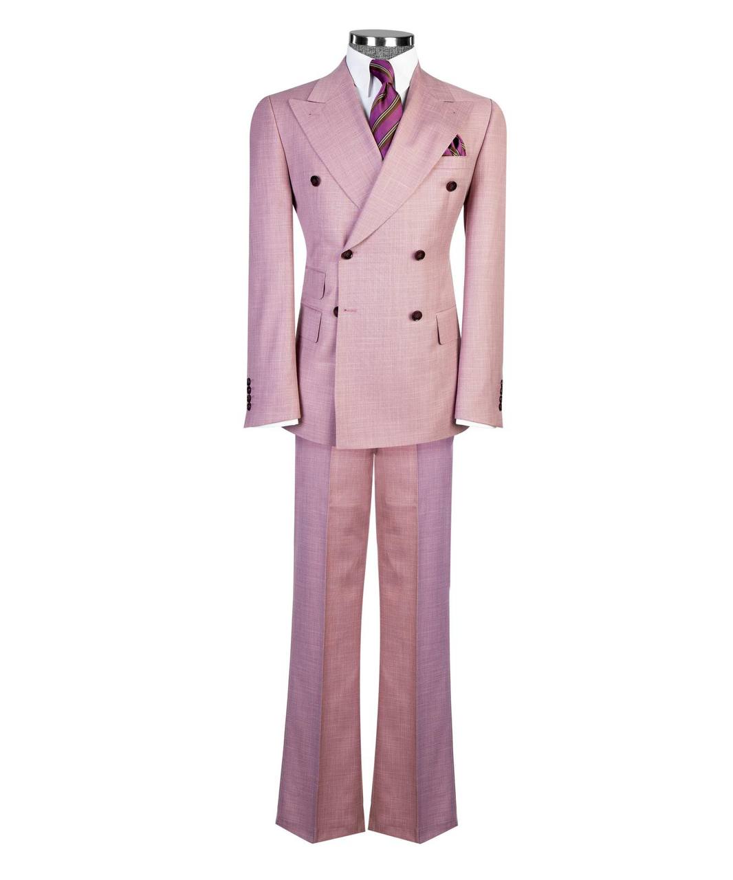 Soft pink flared-leg double-breasted suit full mannequin look