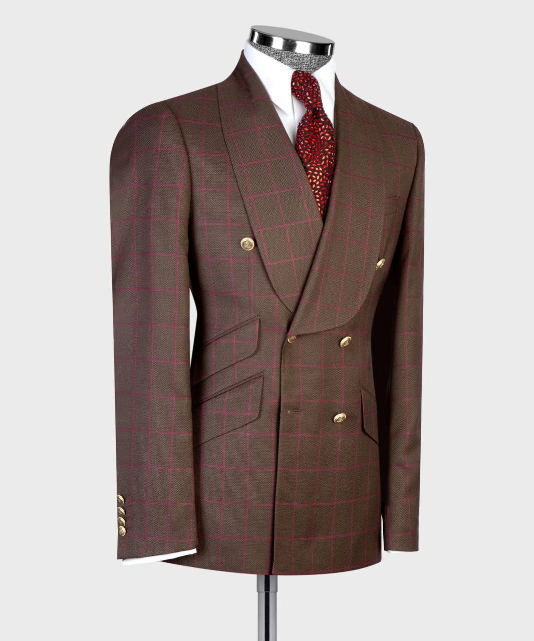 Brown plum windowpane double-breasted suit with gold buttons from The Third Gentleman, jacket front detail