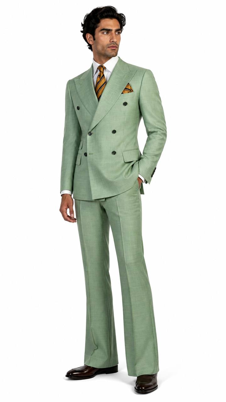 Mint green flared-leg double-breasted suit full look