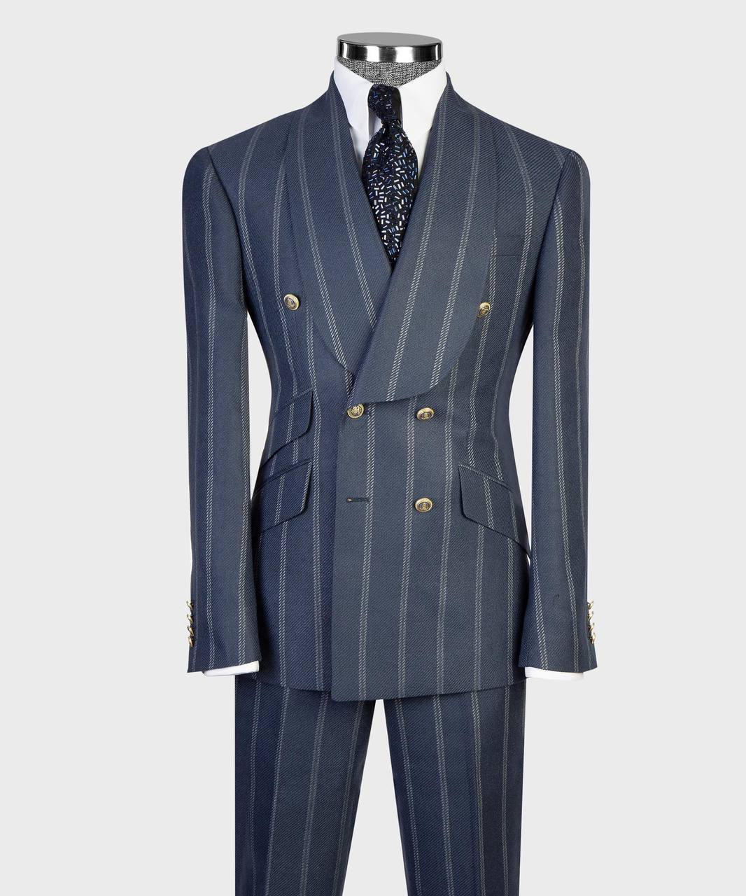 Navy pinstripe double-breasted suit with gold buttons from The Third Gentleman, front view