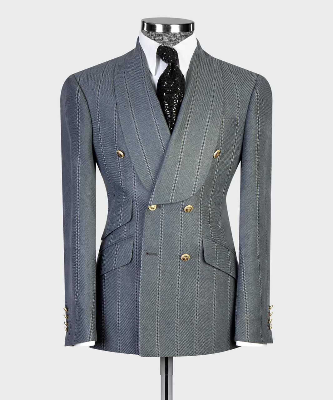 Slate blue pinstripe double-breasted suit with gold buttons from The Third Gentleman, mannequin view