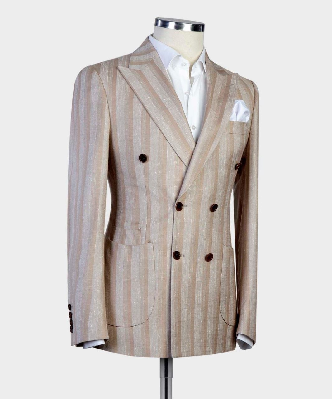 Detail view of champagne stripe linen double-breasted suit with peak lapels