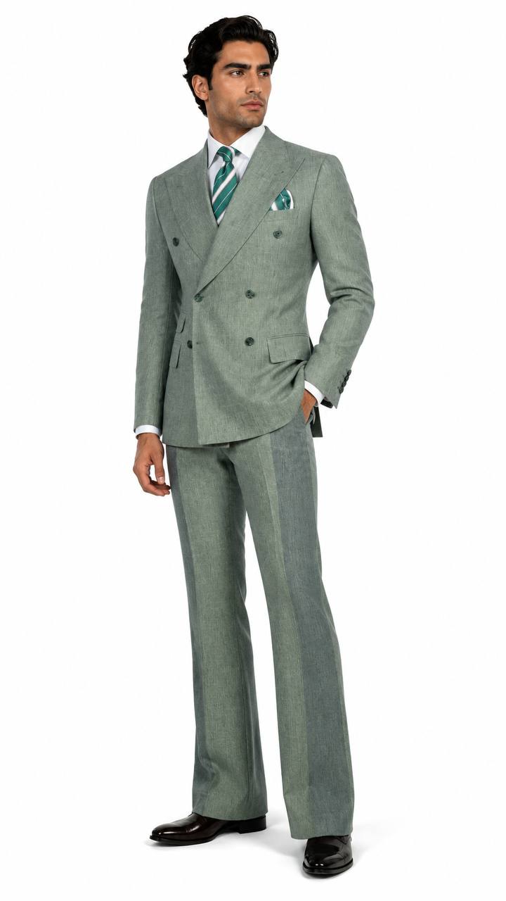 Light gray flared-leg double-breasted suit full-body styled look