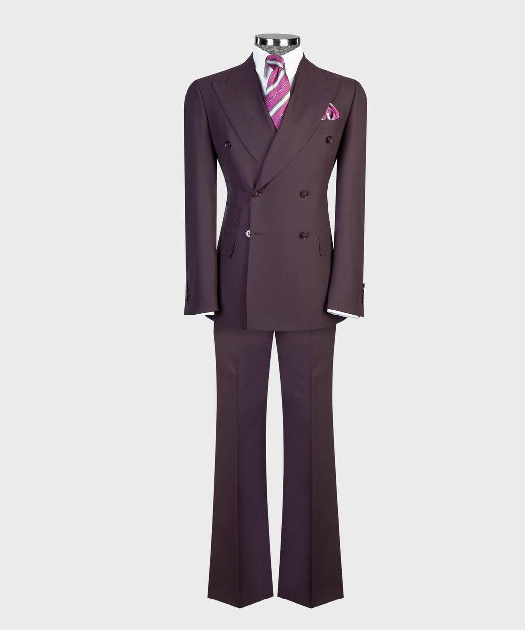 Deep plum flared-leg double-breasted suit full mannequin look