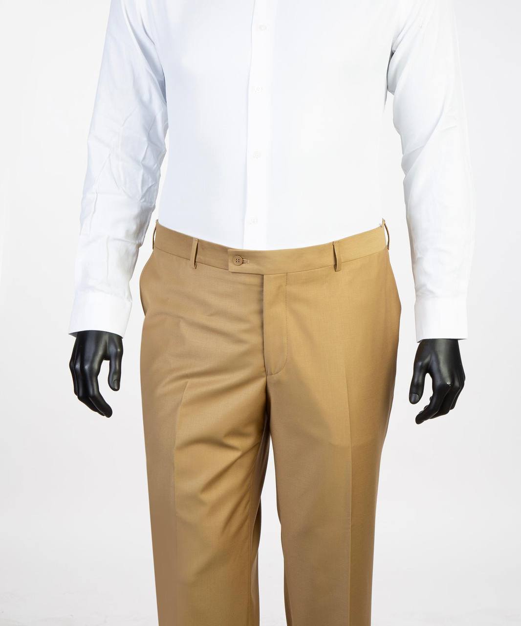 Camel tan suit trousers styled with white dress shirt