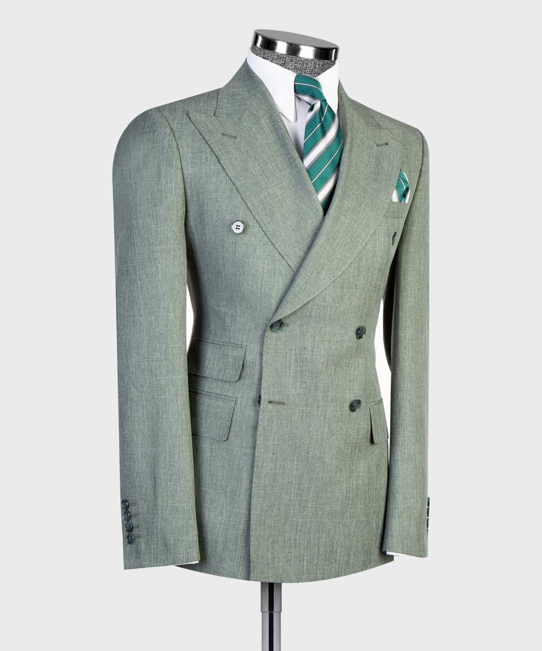 Light gray double-breasted suit jacket front and tailoring detail