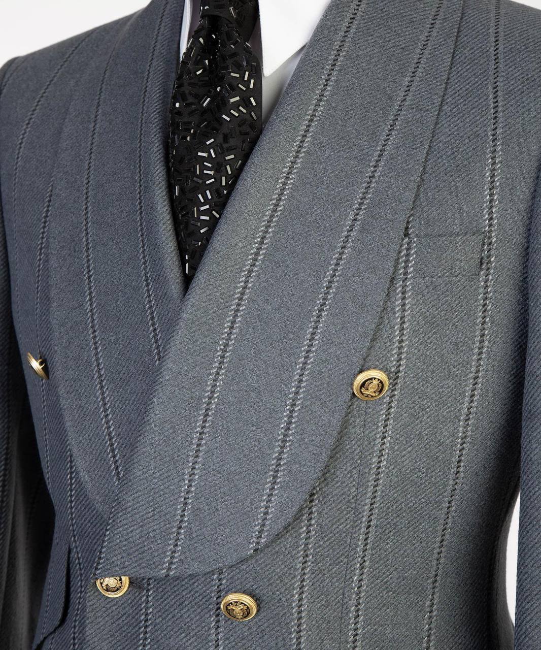 Slate blue pinstripe double-breasted suit with gold buttons from The Third Gentleman, jacket view