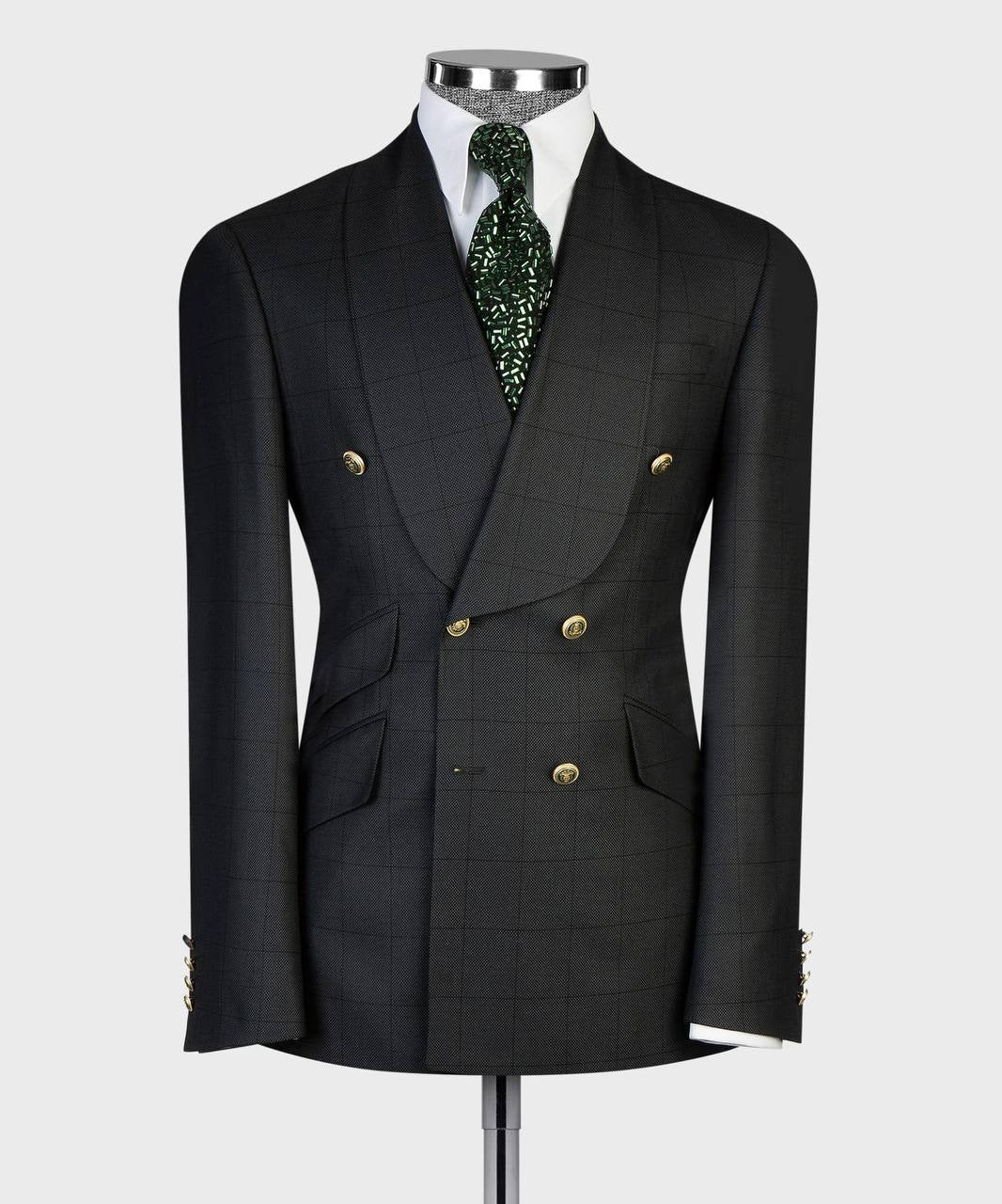 Black windowpane double-breasted suit with gold buttons from The Third Gentleman, product view 2