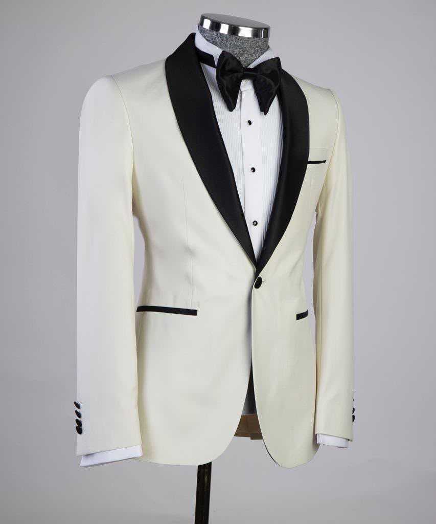 Ivory tuxedo with black shawl collar, angled view