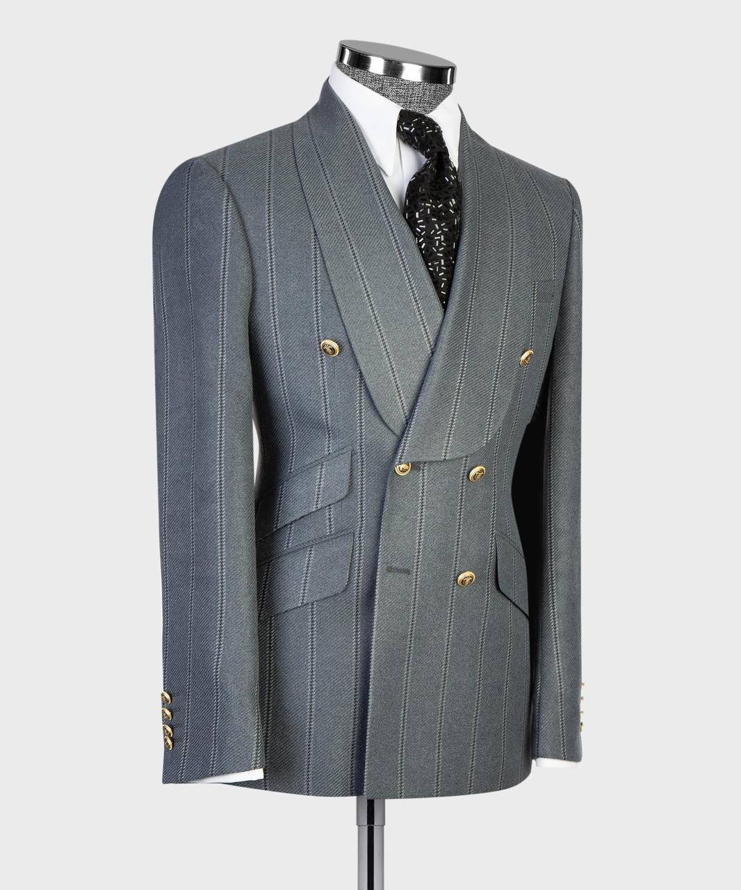 Slate blue pinstripe double-breasted suit with gold buttons from The Third Gentleman, alternate mannequin view