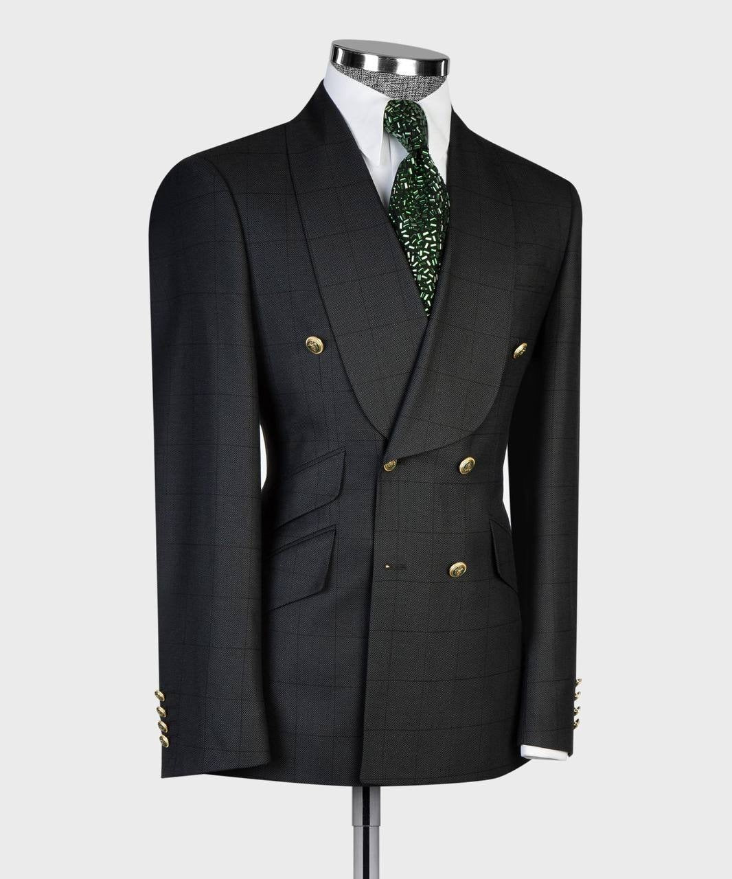 Black windowpane double-breasted suit with gold buttons from The Third Gentleman, product view 3