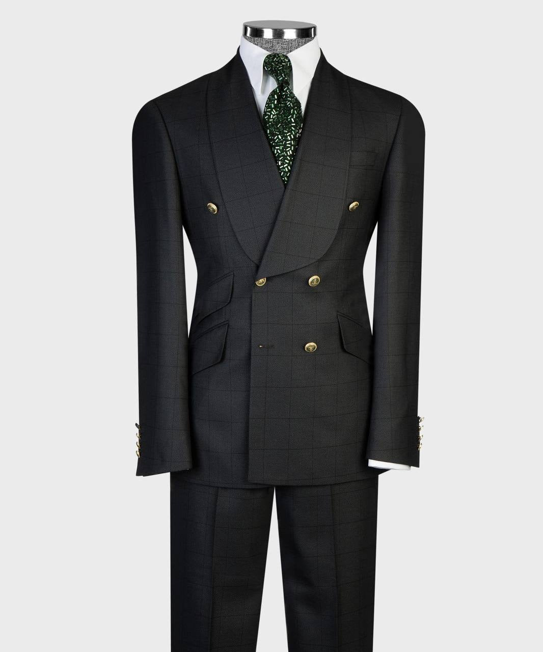 Black windowpane double-breasted suit with gold buttons from The Third Gentleman, product view 1