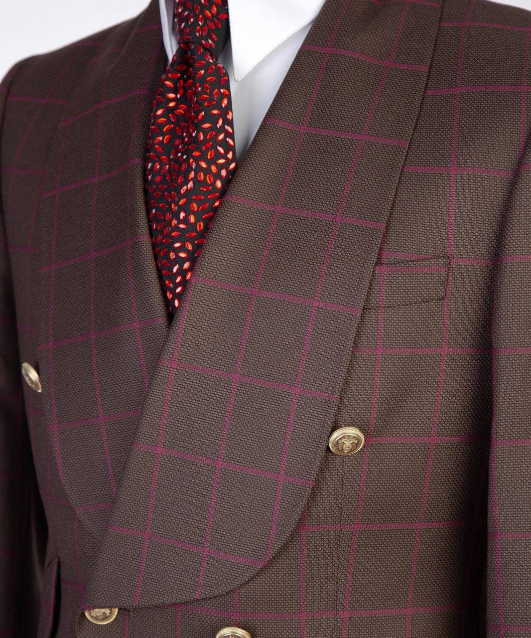 Brown plum windowpane double-breasted suit with gold buttons from The Third Gentleman, torso detail