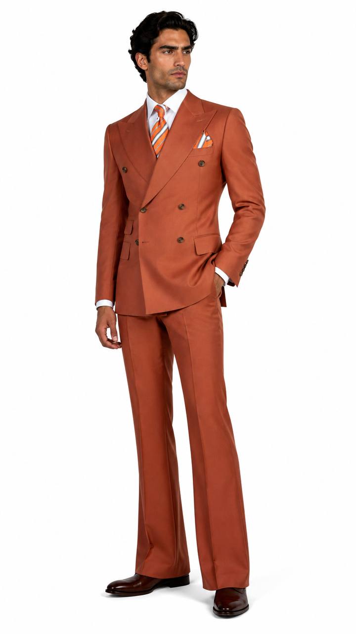 Rust orange flared-leg double-breasted suit full-body styled look