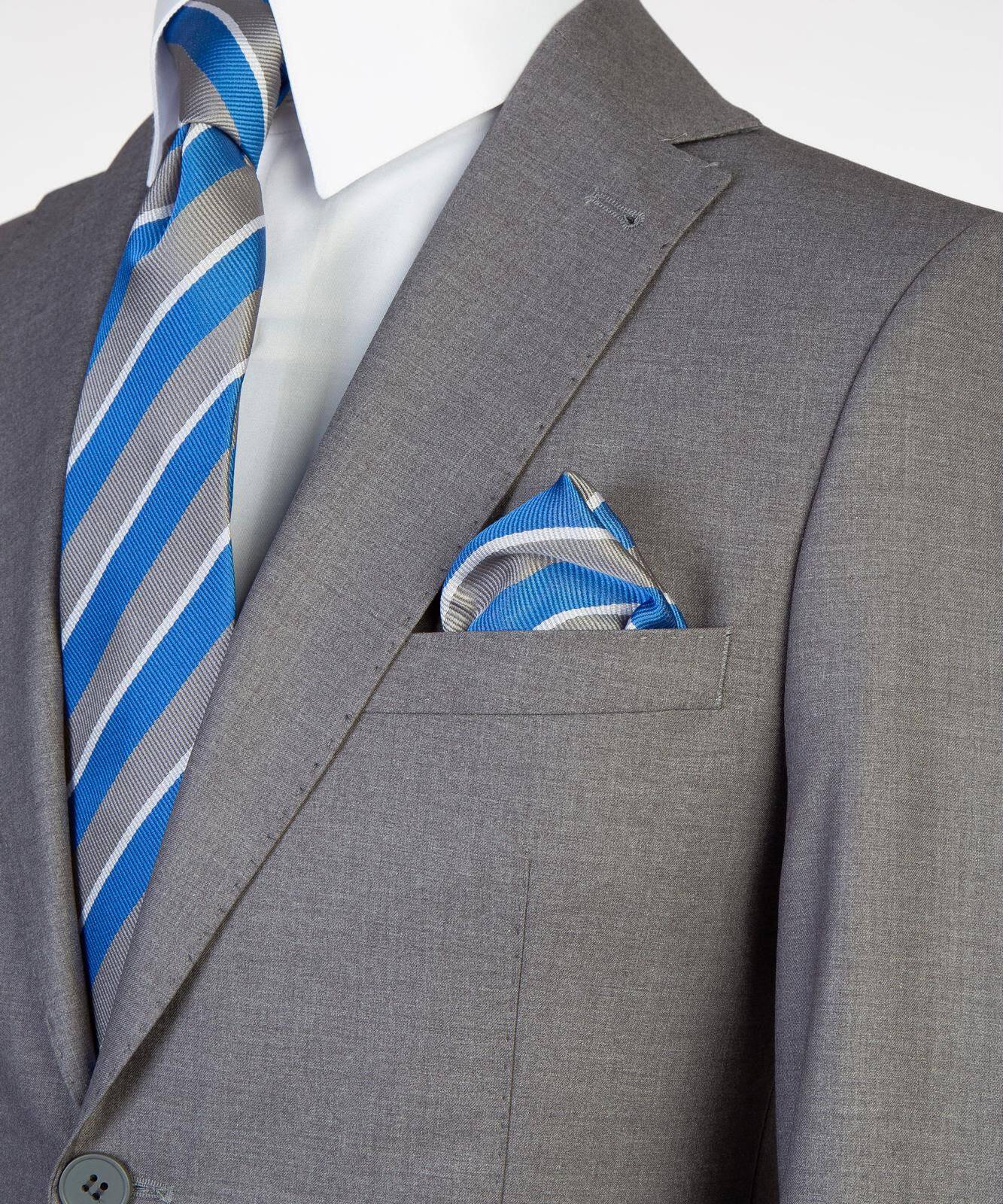 Medium gray two-button suit notch lapel and chest pocket detail