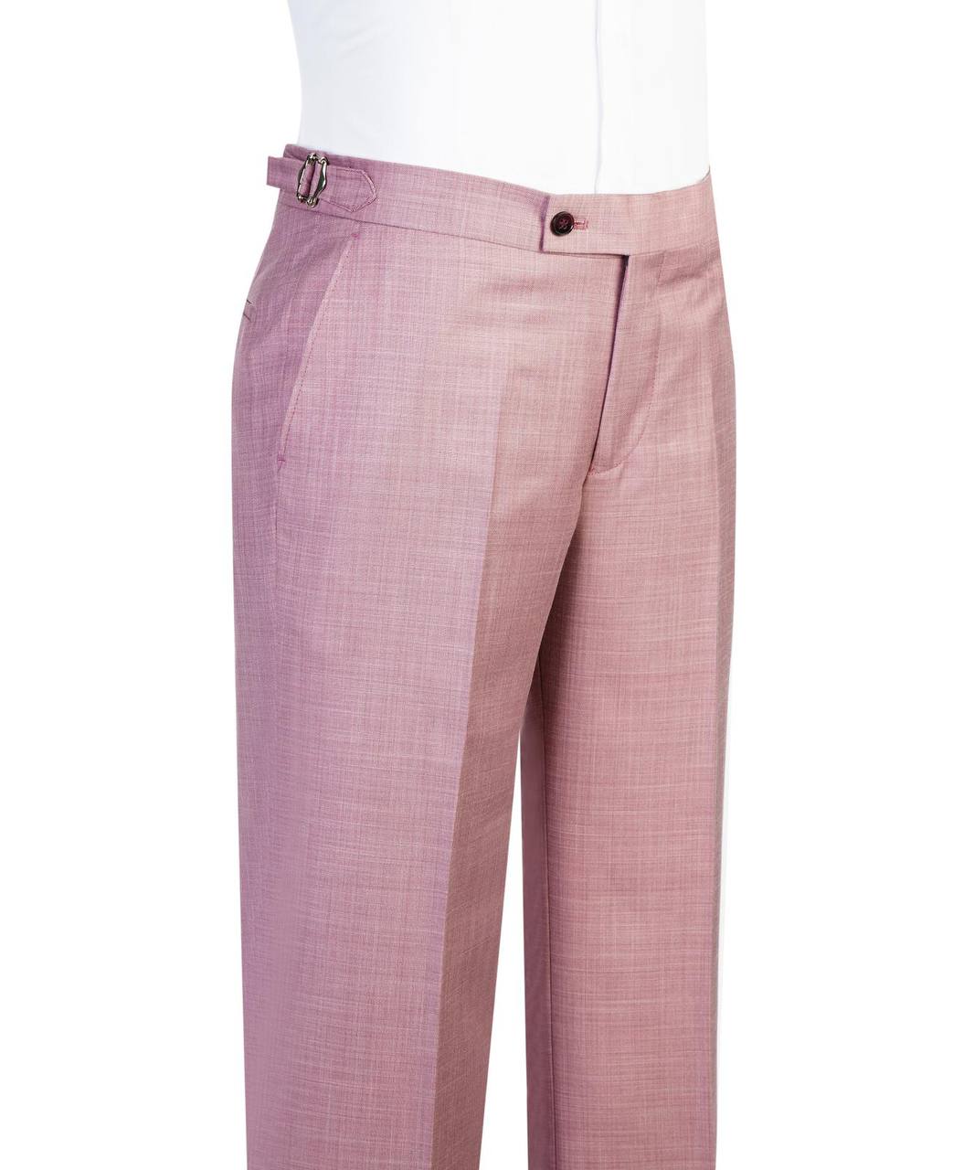 Soft pink flared-leg double-breasted suit trouser waistband and front crease detail