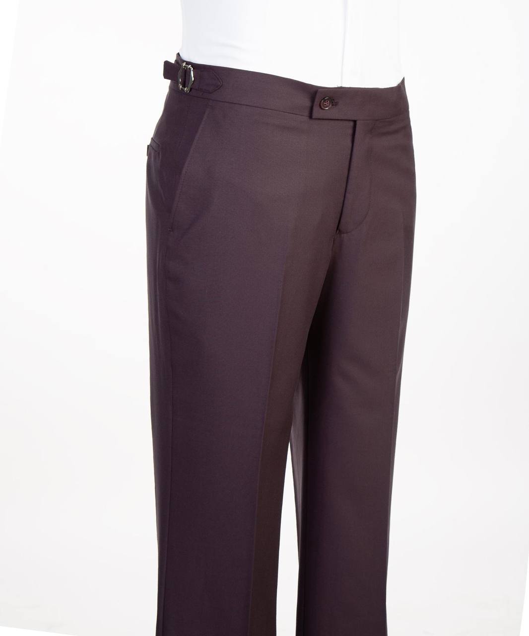 Deep plum flared-leg trouser waist and side-adjuster detail