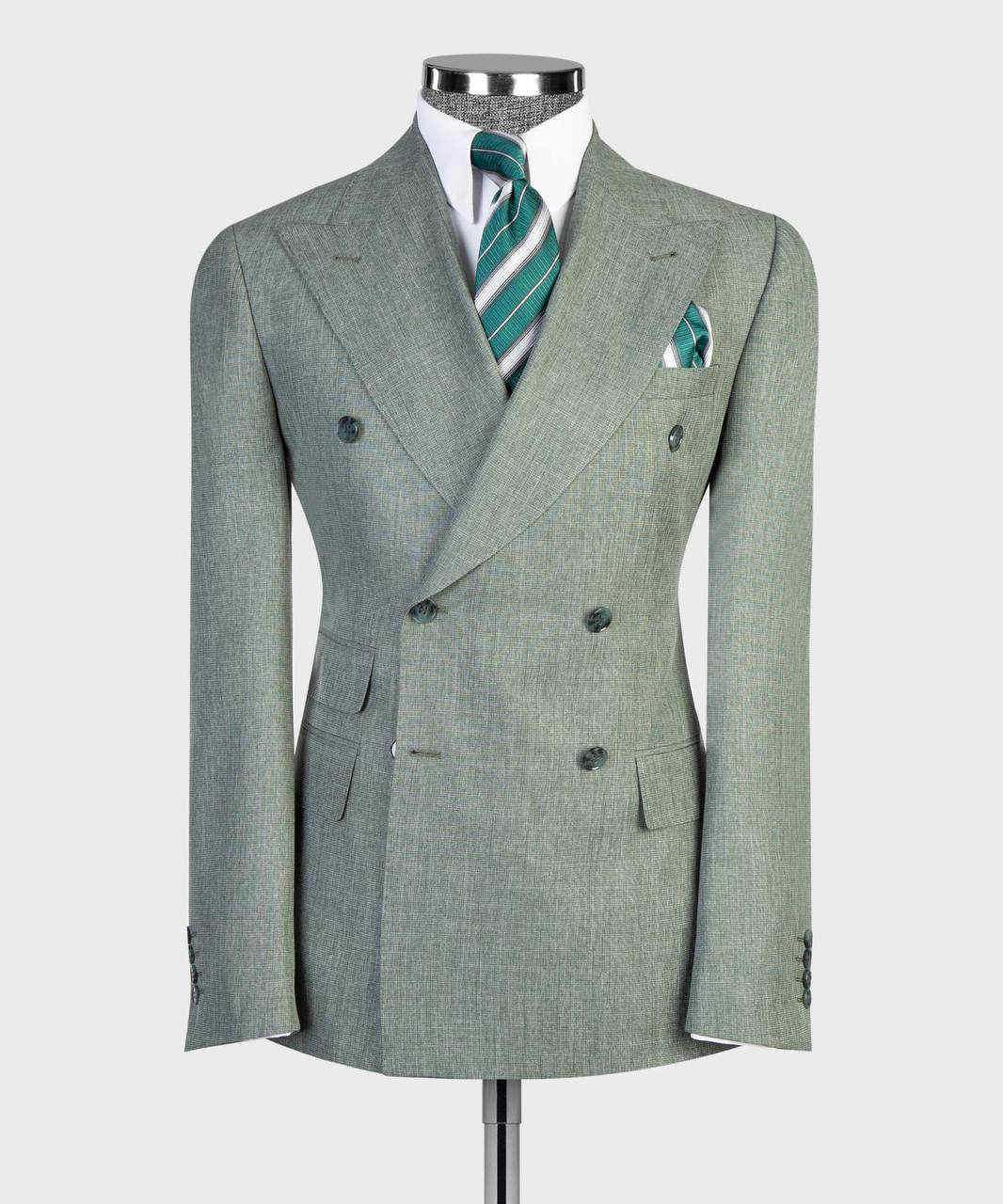 Light gray double-breasted jacket front with striped tie and pocket square