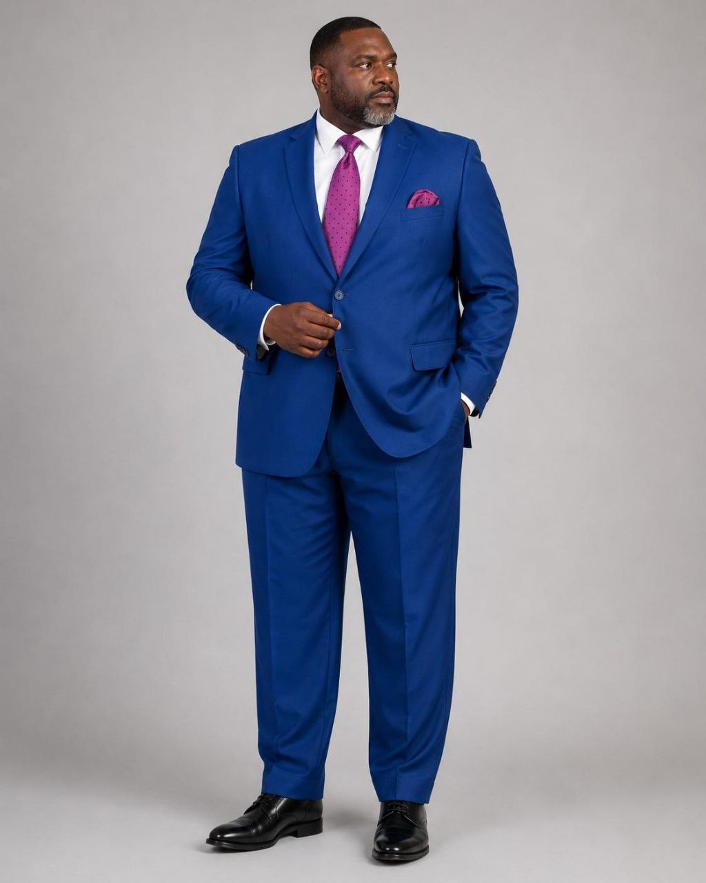Model wearing royal blue Super 200’s wool extended size suit from The Third Gentleman