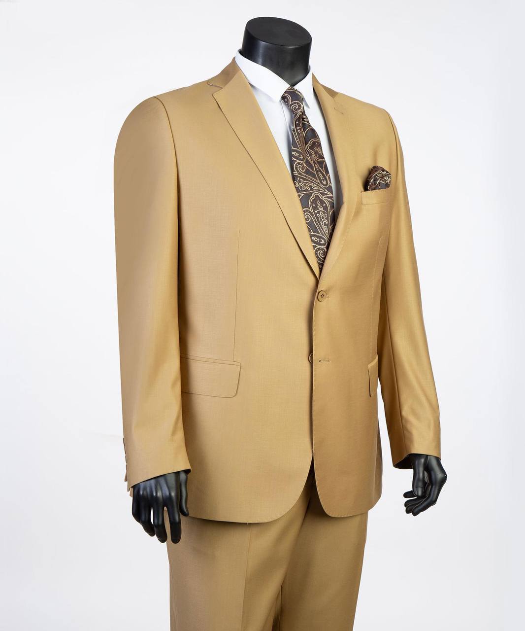 Camel tan single-breasted two-piece suit in extended regular sizes 52R to 62R
