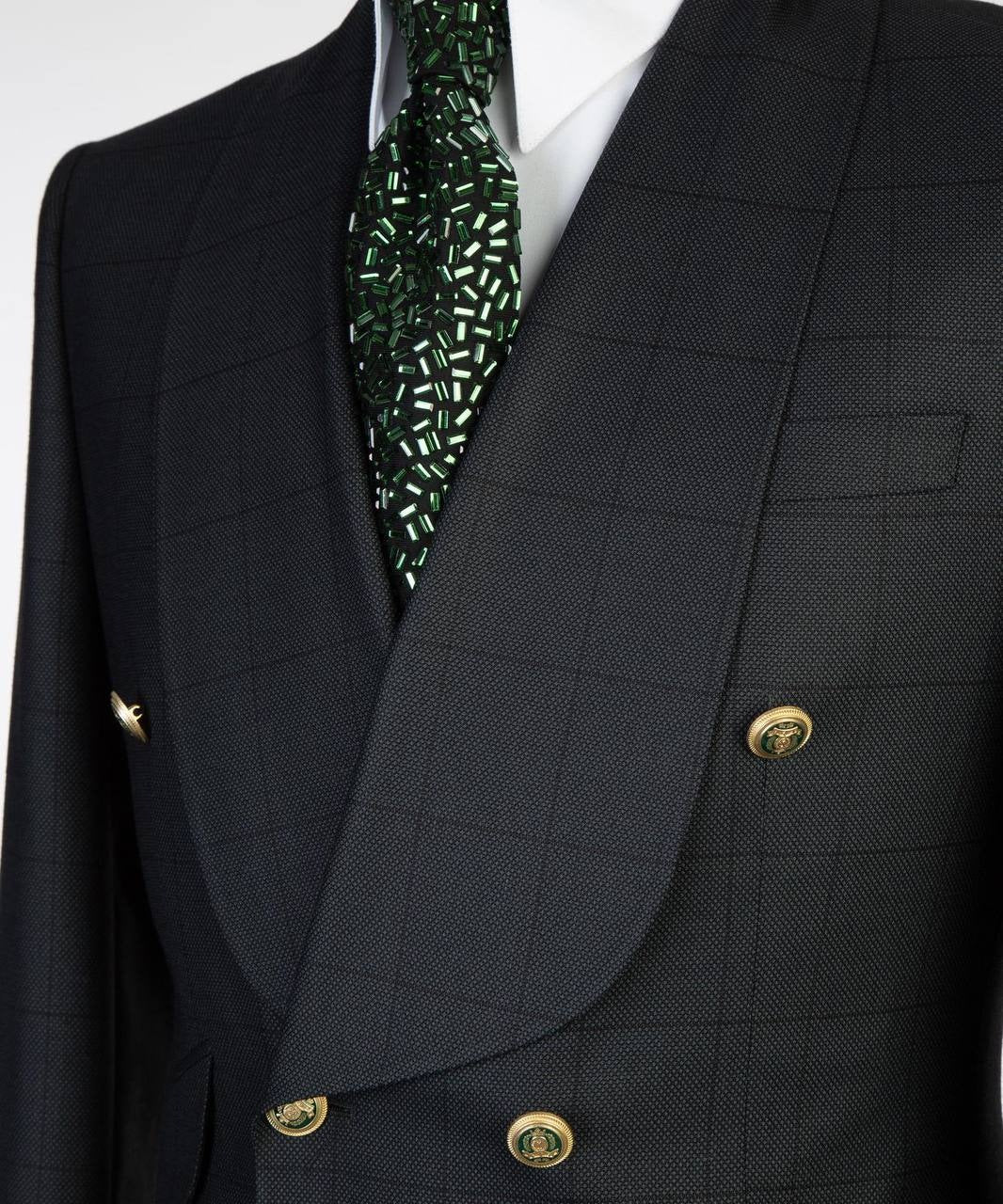 Black windowpane double-breasted suit with gold buttons from The Third Gentleman, product view 4