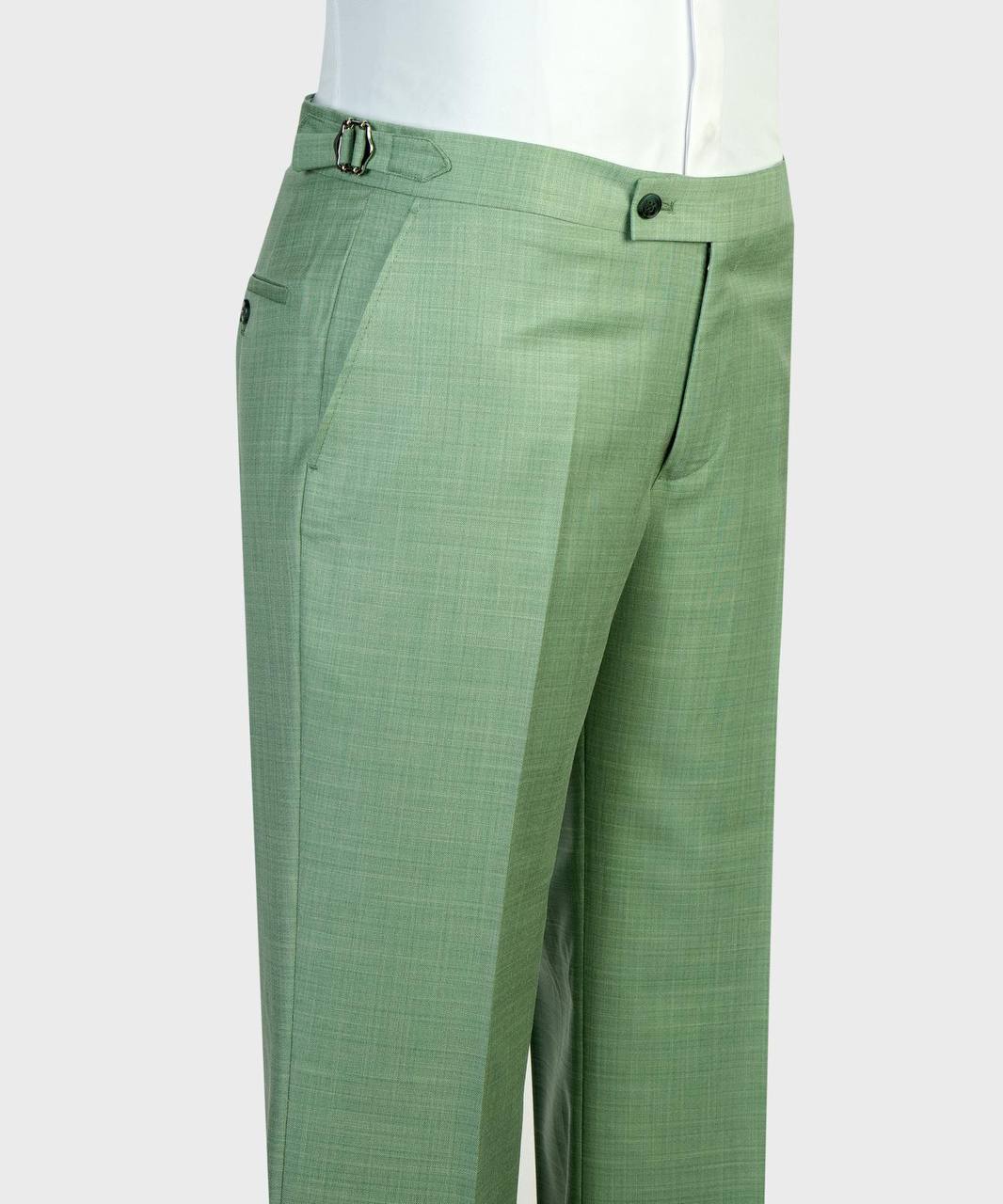 Mint green suit trousers waist and side adjuster detail