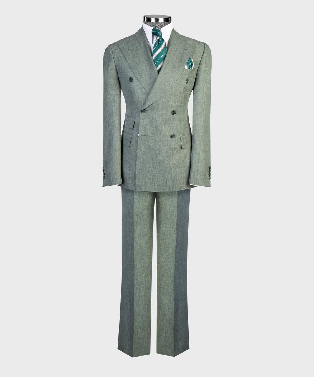 Light gray flared-leg double-breasted suit full mannequin look