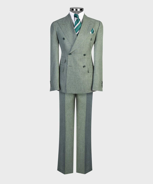 Light gray flared-leg double-breasted suit full mannequin look