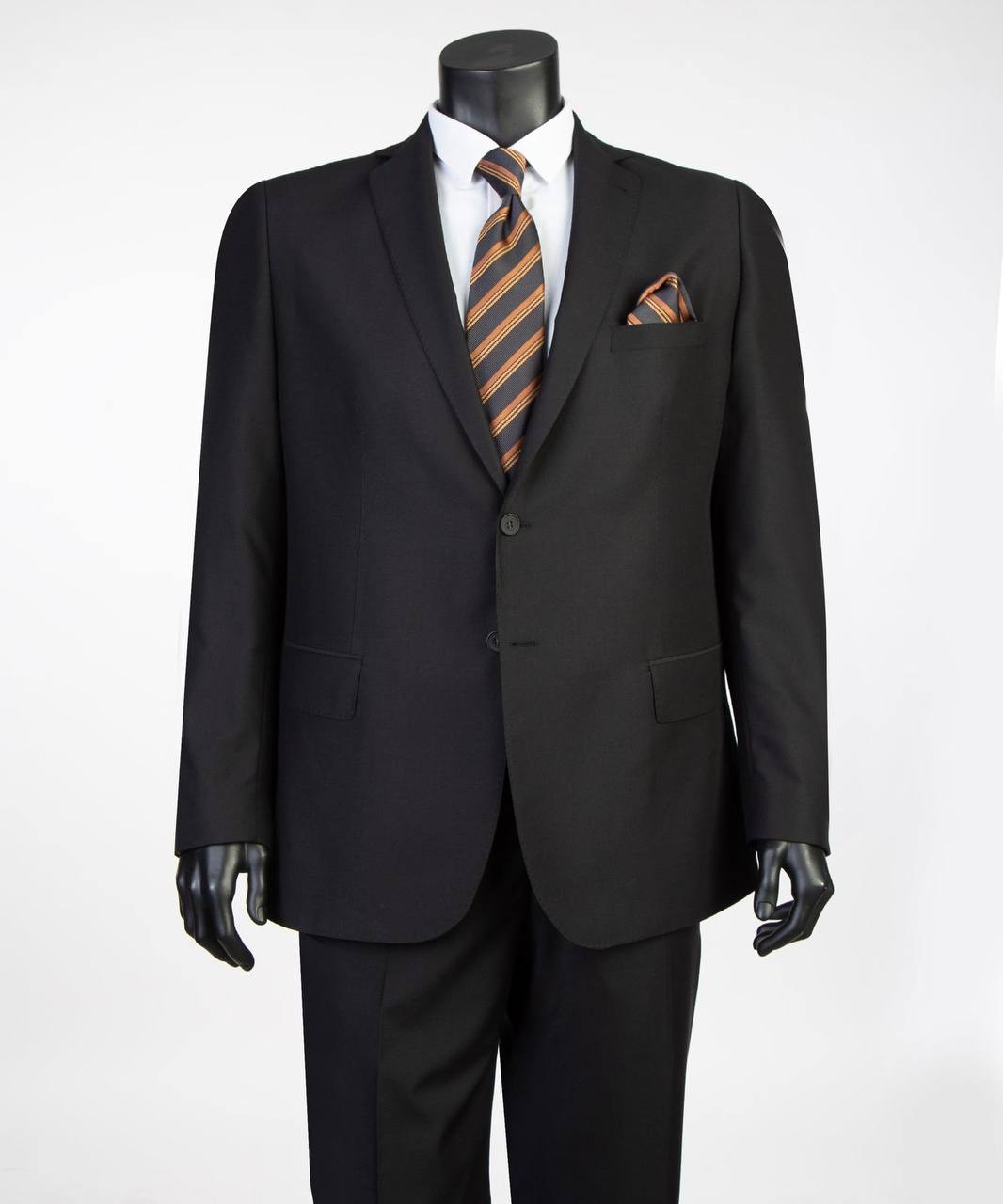 Black Super 200’s wool extended size suit with notch lapel from The Third Gentleman