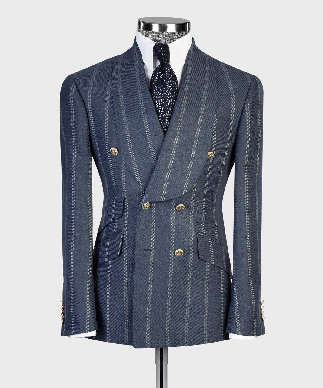 Navy pinstripe double-breasted suit with gold buttons from The Third Gentleman, alternate front view