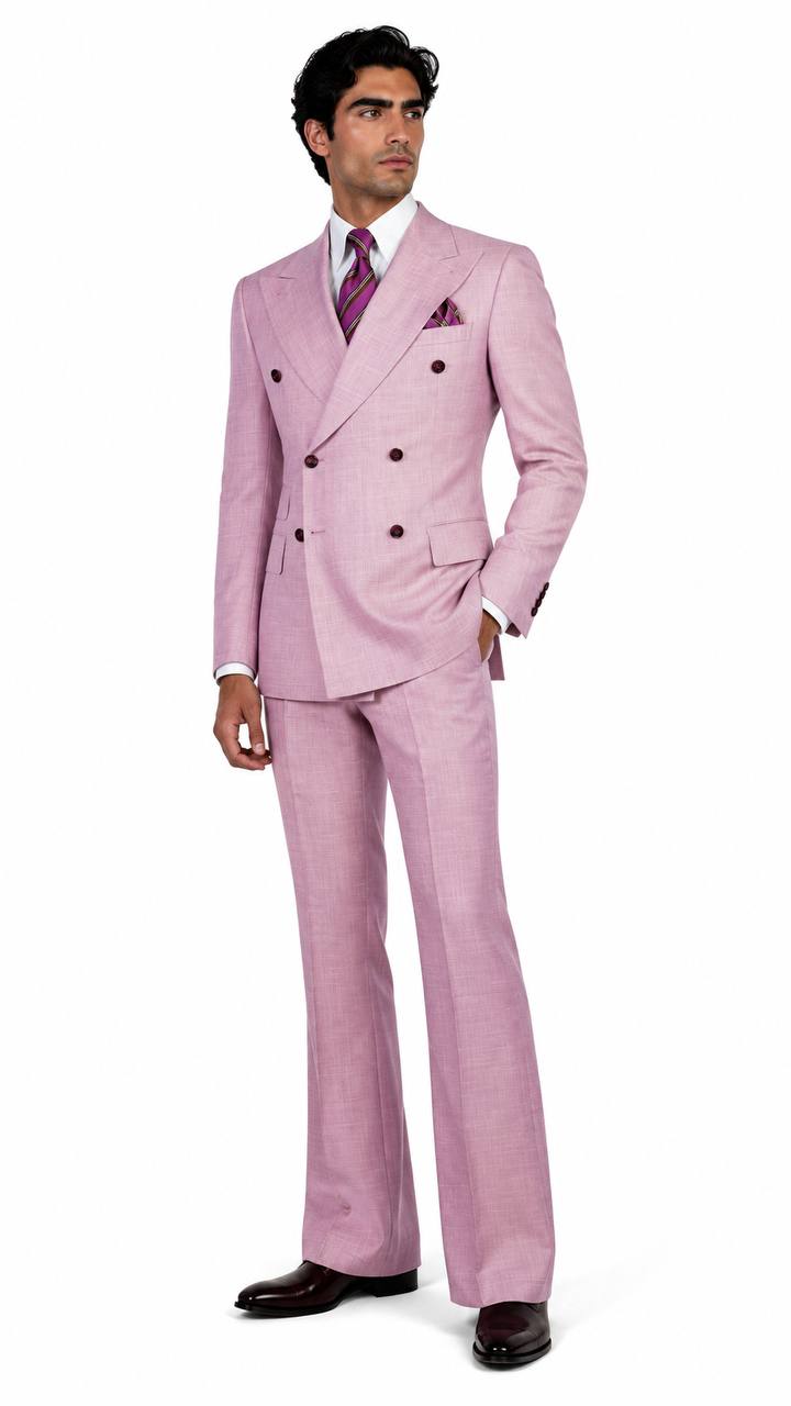 Soft pink flared-leg double-breasted suit full-body studio look