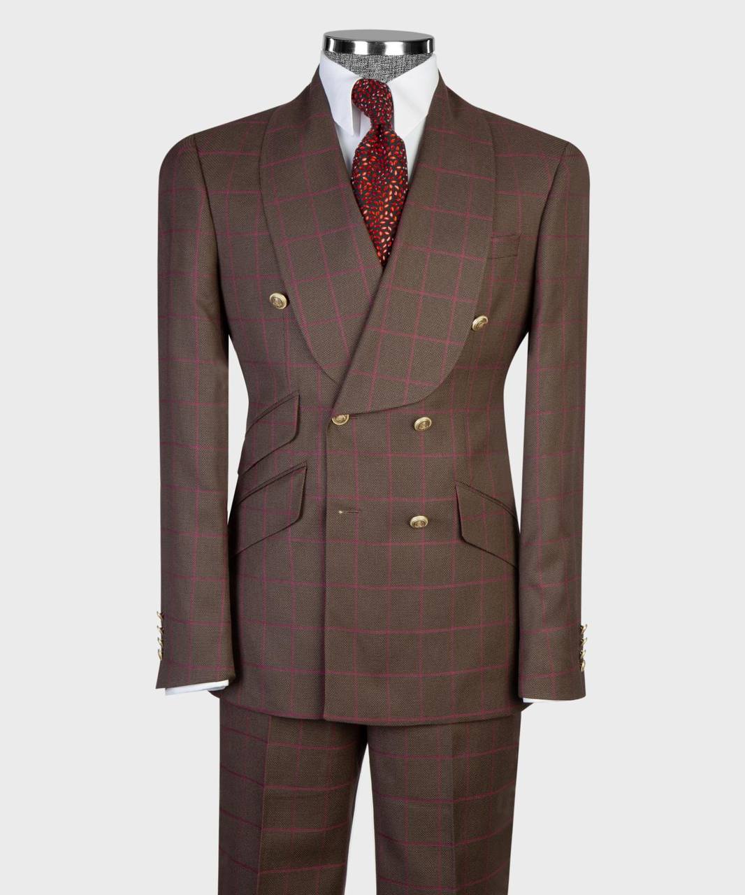 Brown plum windowpane double-breasted suit with gold buttons from The Third Gentleman, full front view