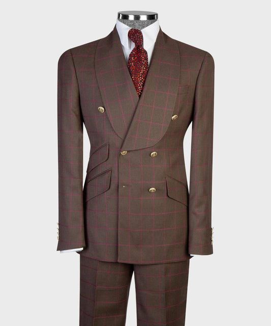 Brown plum windowpane double-breasted suit with gold buttons from The Third Gentleman, full front view