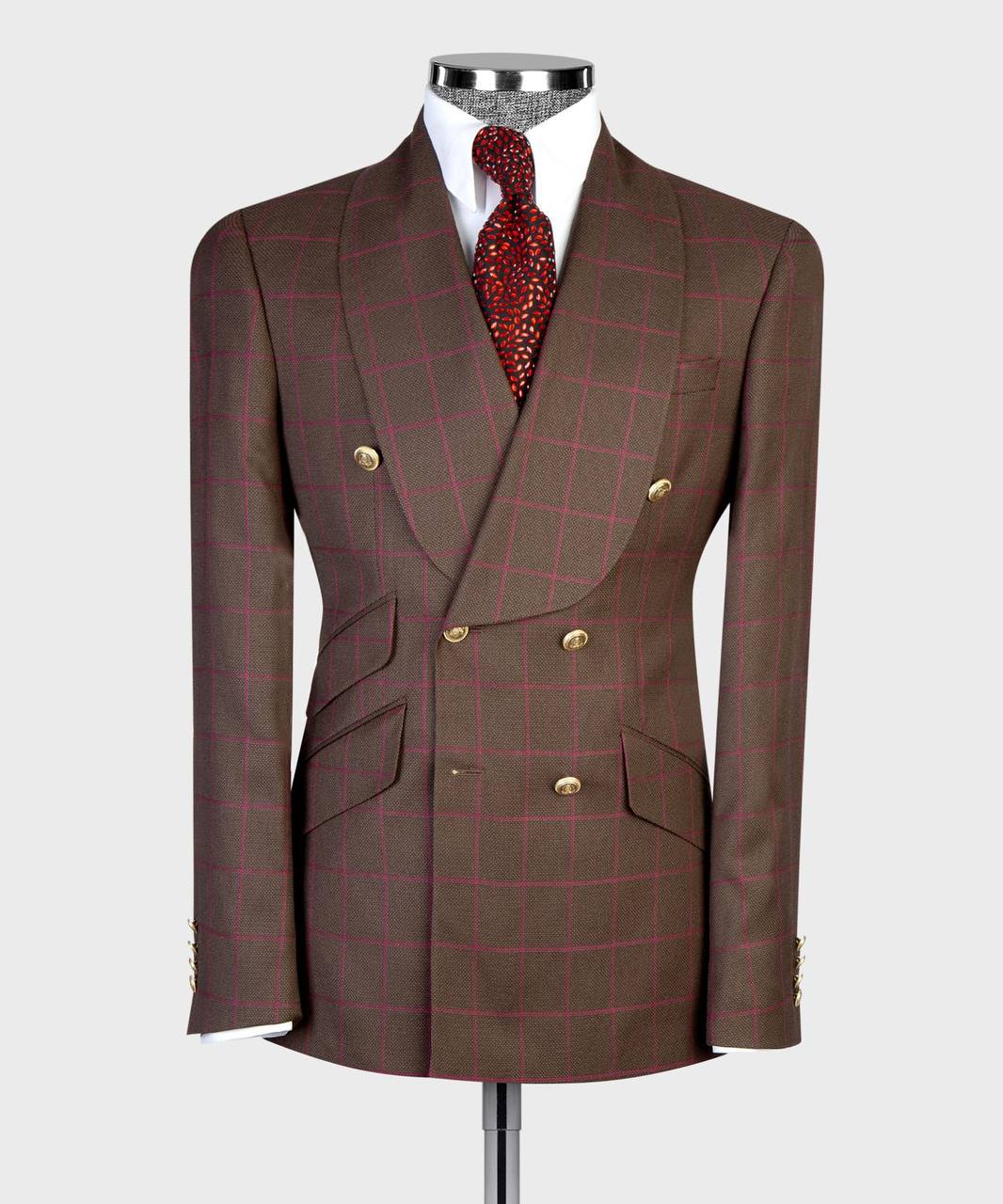 Brown plum windowpane double-breasted suit with gold buttons from The Third Gentleman, alternate front view