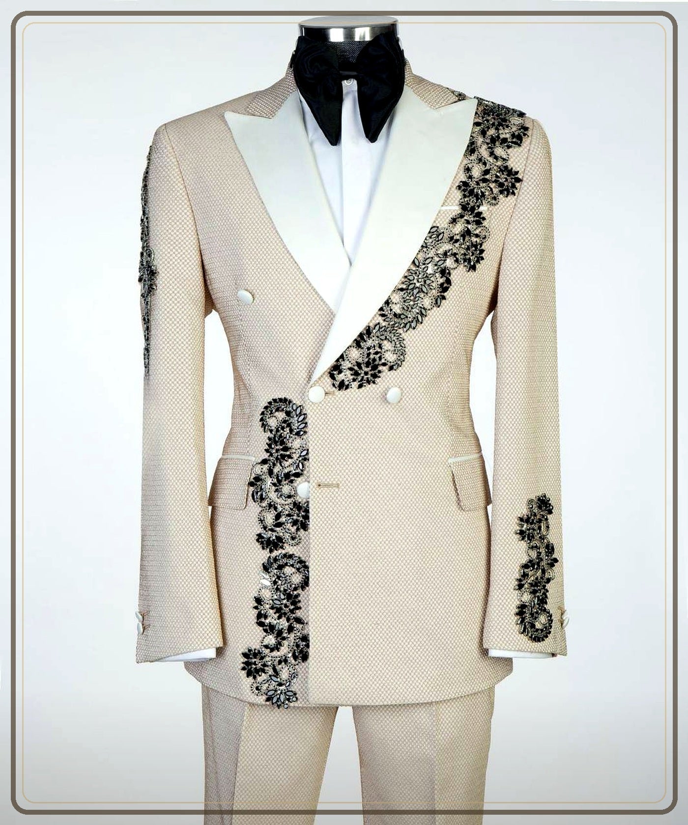 Final Sale: Ivory Alabaster Embellished Tuxedo — Size 36R | Signature Peak Lapel premium hero from The Third Gentleman