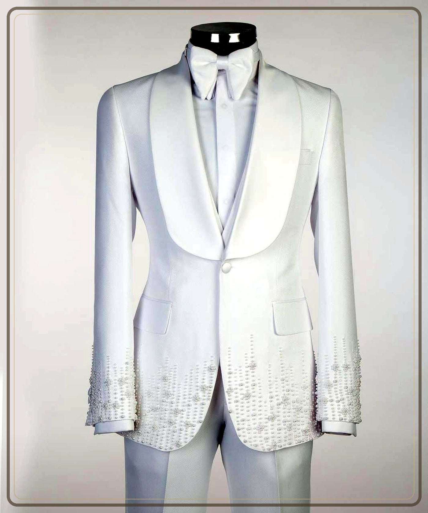 Ivory Alabaster Pearl-Embellished Tuxedo | Signature Peak Lapel premium hero from The Third Gentleman