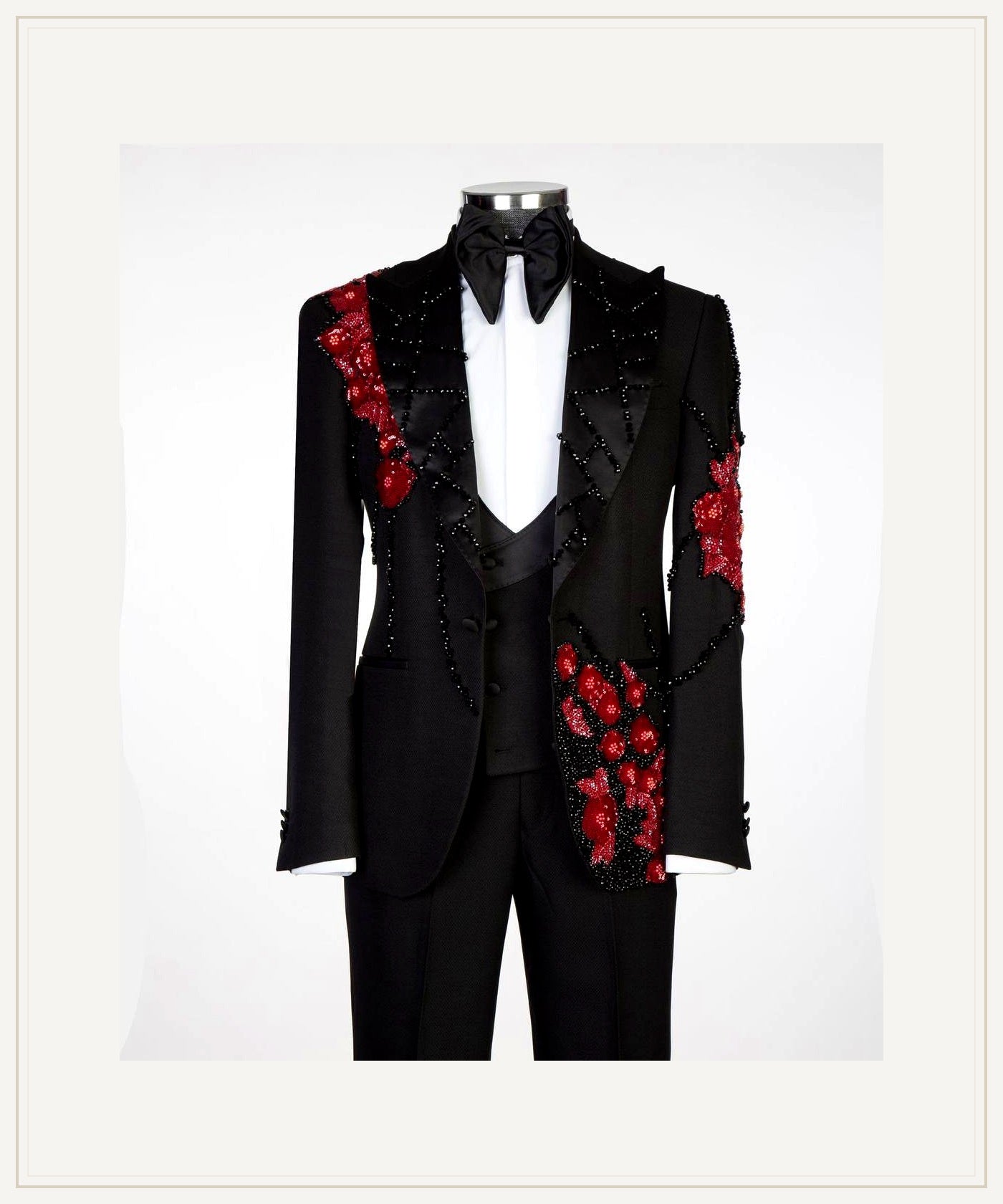 Obsidian Crimson Embellished Tuxedo | Signature Peak Lapel premium product hero image from The Third Gentleman