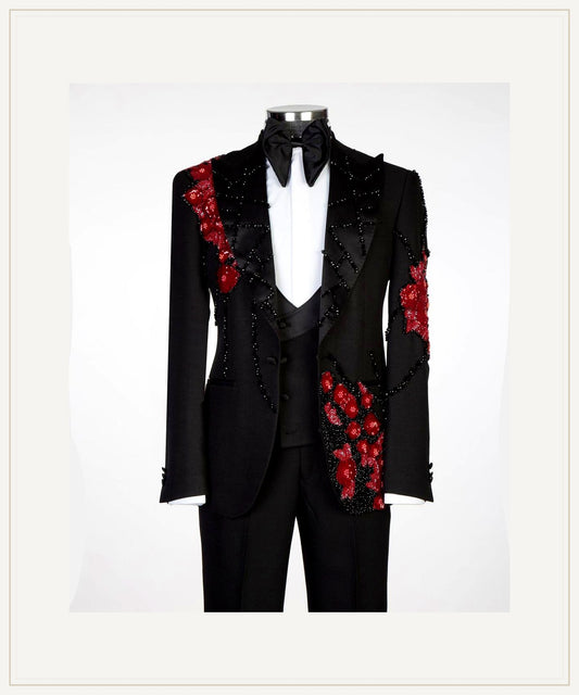 Obsidian Crimson Embellished Tuxedo | Signature Peak Lapel premium product hero image from The Third Gentleman