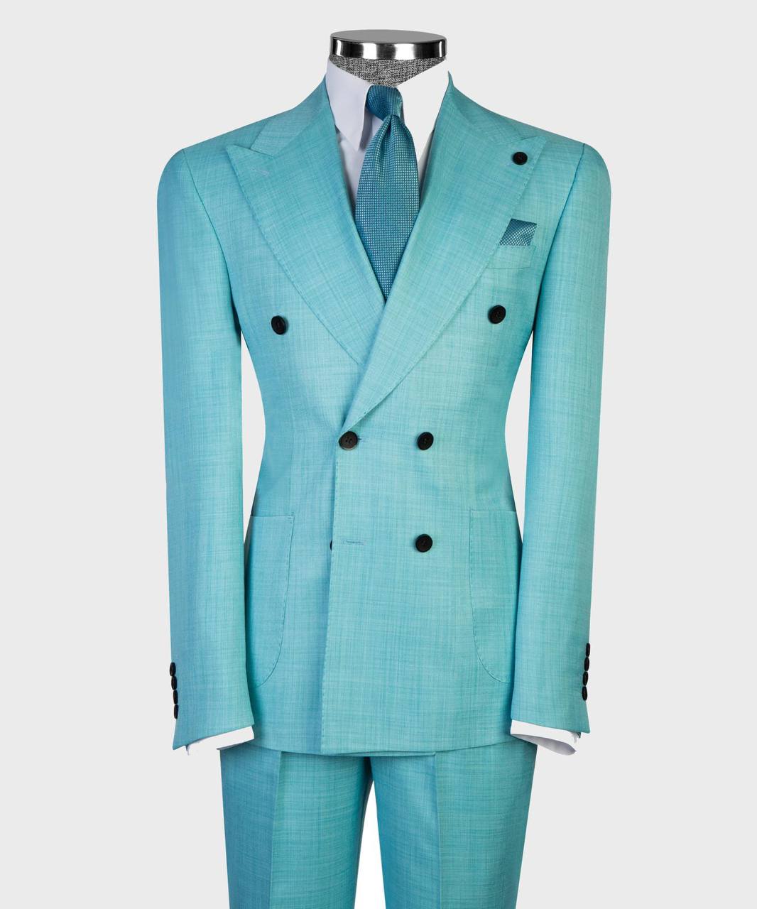 Aqua Blue Double Breasted Suit - front view - The Third Gentleman