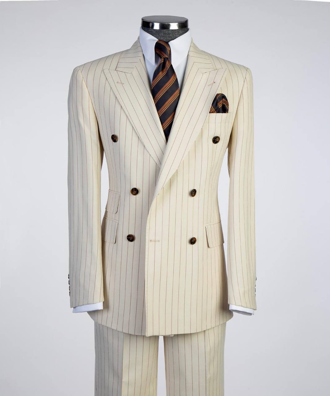 Warm Ivory / Brown Pinstripes Double Breasted Suit