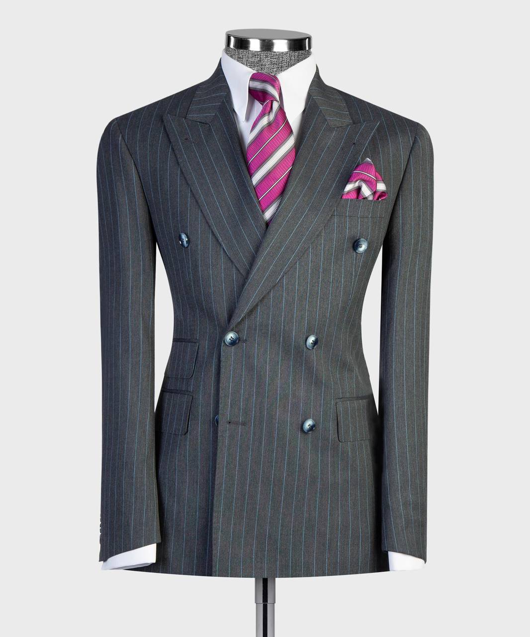 Charcoal Gray / Blue Pinstripes Double Breasted Suit