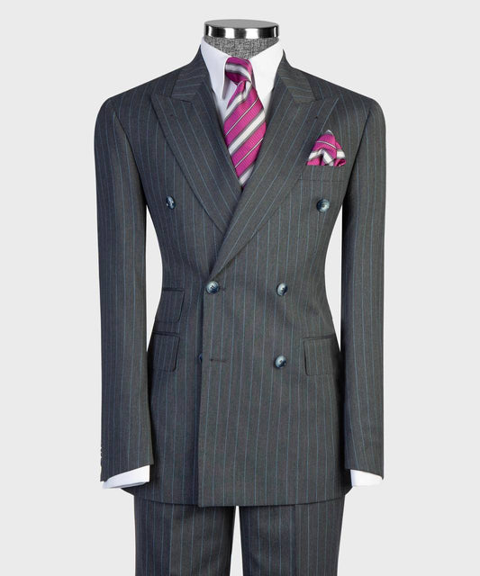 Charcoal Gray / Blue Pinstripes Double Breasted Suit
