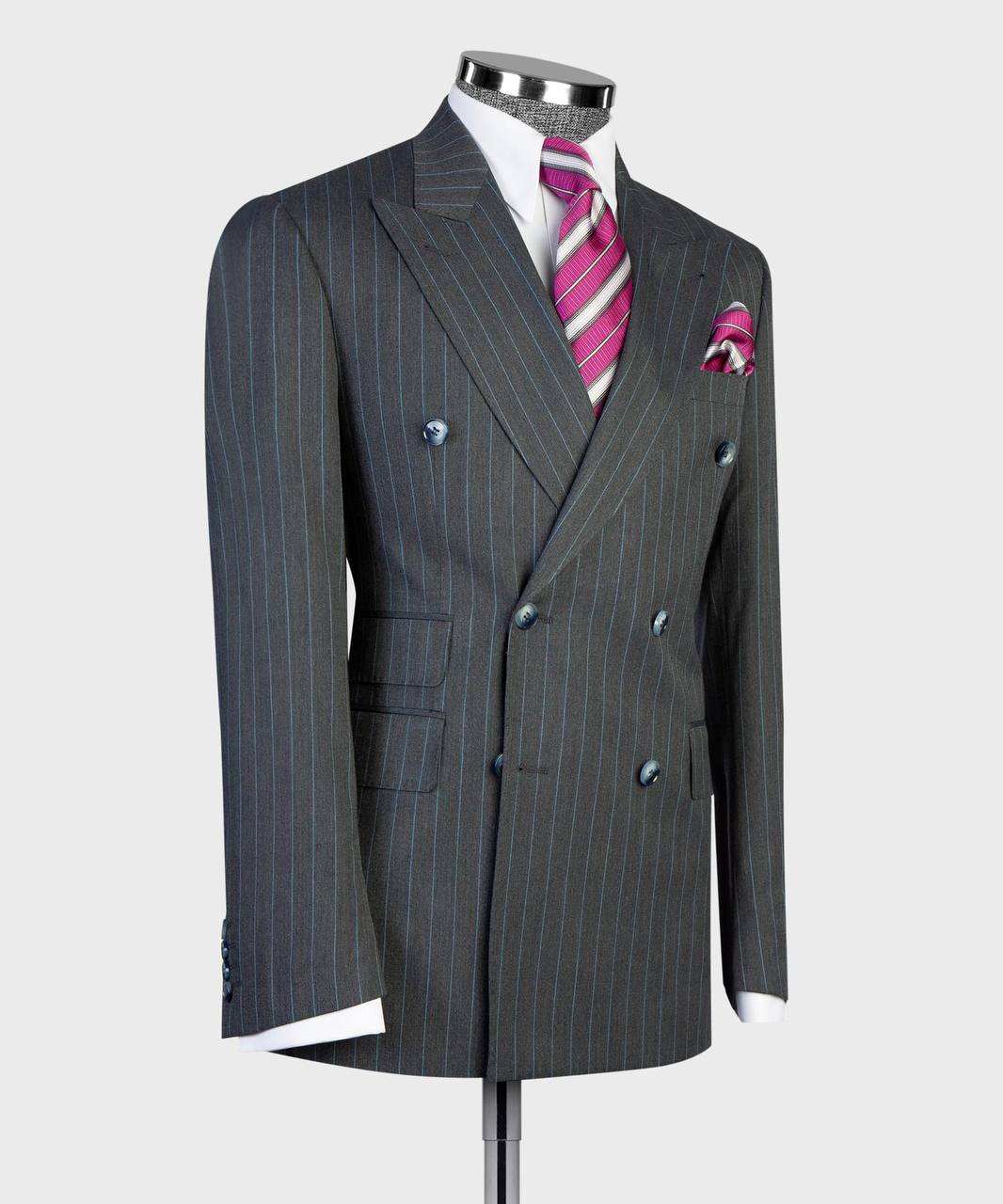 Charcoal Gray / Blue Pinstripes Double Breasted Suit