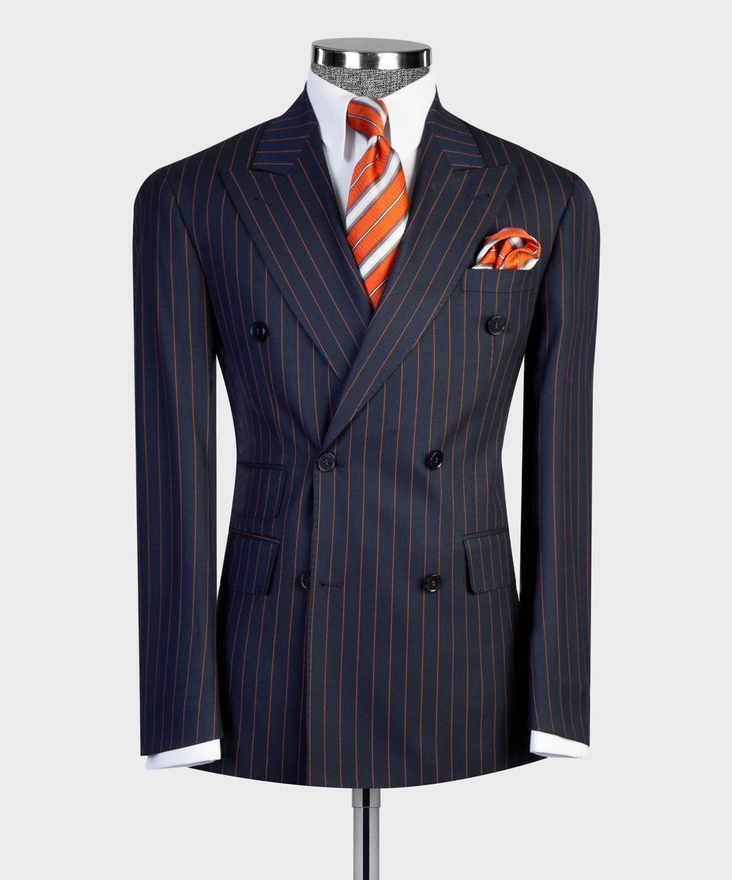 Navy Blue / Orange Pinstripes Double Breasted Suit