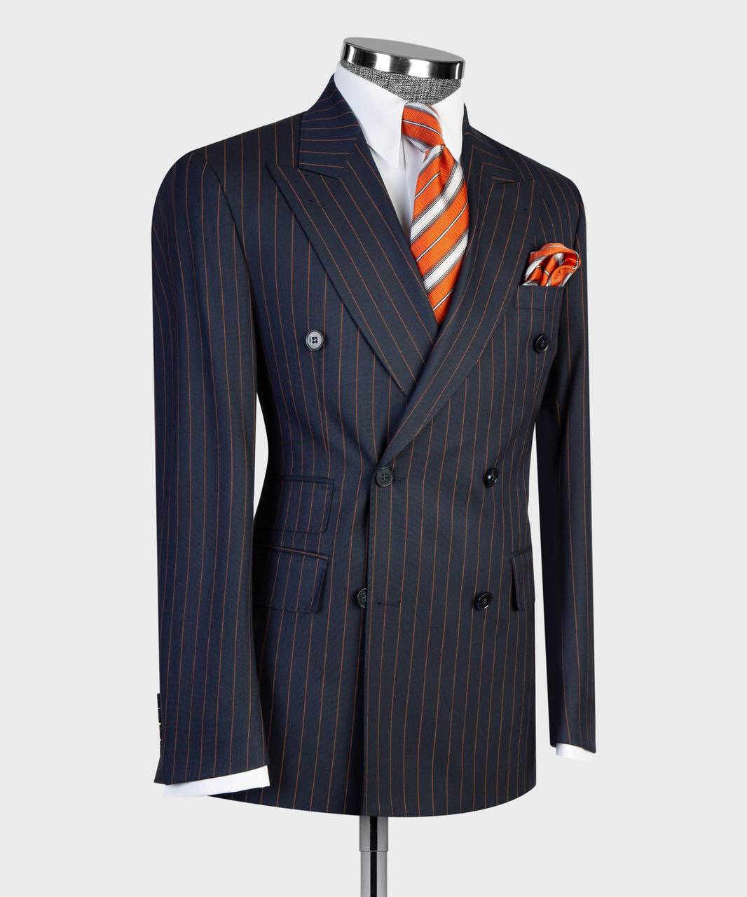 Navy Blue / Orange Pinstripes Double Breasted Suit