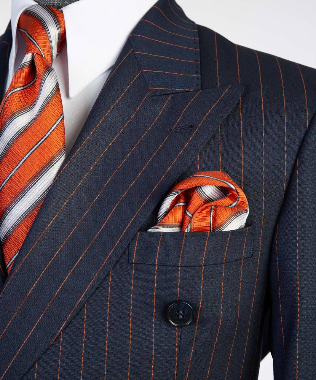 Navy Blue / Orange Pinstripes Double Breasted Suit
