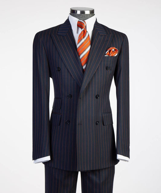 Navy Blue / Orange Pinstripes Double Breasted Suit